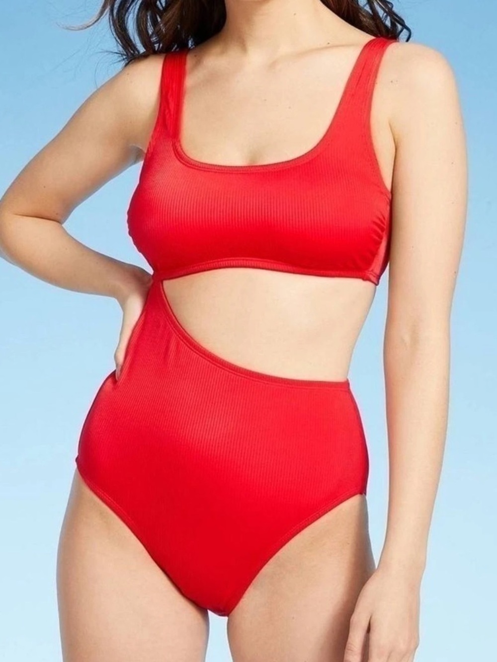 Kona Sol Red Ribbed Cutout One-Piece Swimsuit